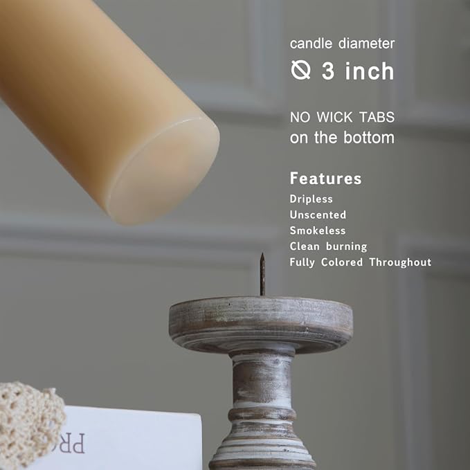 MOZEAL 3" x 4" Hand-Poured Unscented Beige Candle, Dripless Off White/Cream Pillar Candle Set of 3