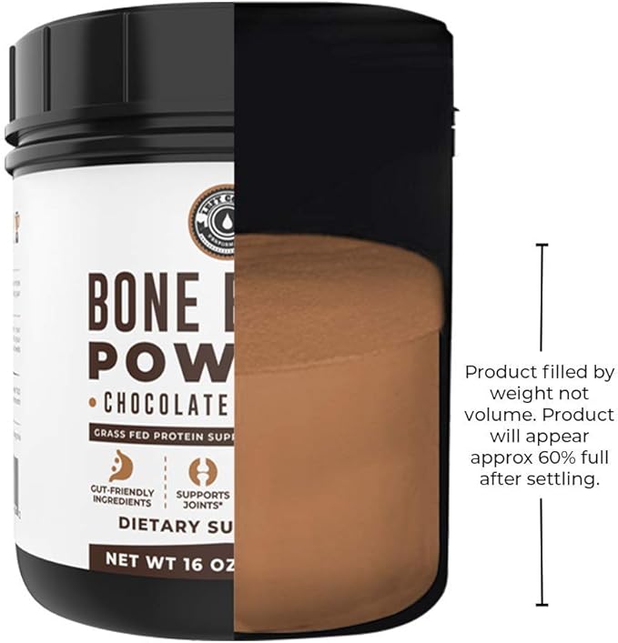 16oz Chocolate Bone Broth Protein Powder From Grass Fed Beef - Non-GMO Ingredients, Gut-Friendly
