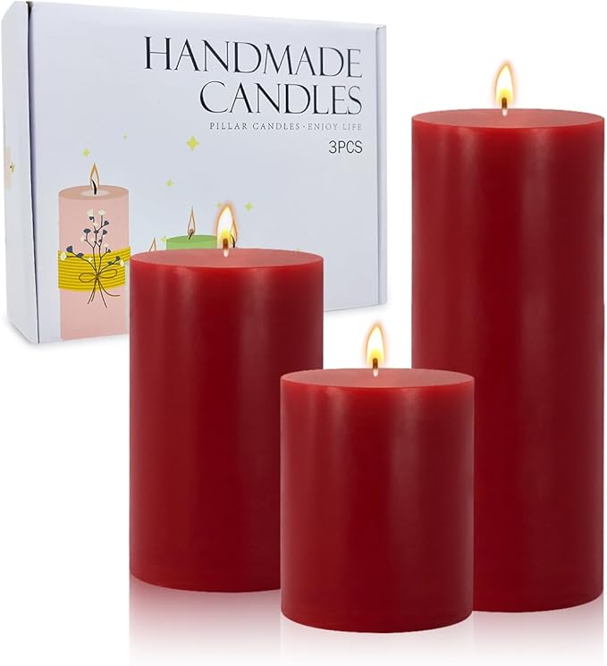 Set of 3 Different Size Red Burgundy Pillar Candles, Unscented Dripless 2.75x3, 2.75x4, 2.75x6 Inch
