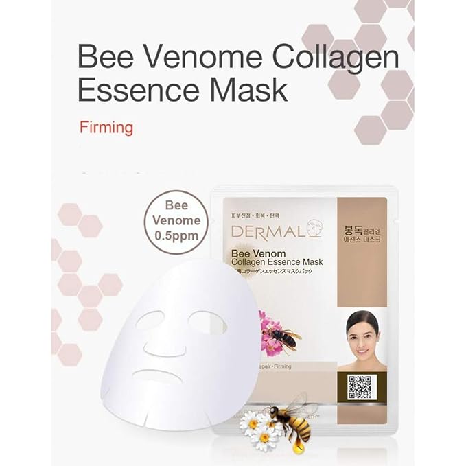 DERMAL Bee Venom Collagen Essence Korean Facial Mask Sheet Pack of 10 - Soothing and Hydrating