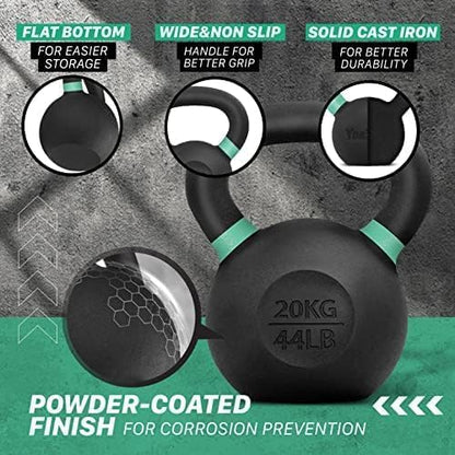Yes4All Kettlebell, Heavy Duty Powder Coated Cast Iron Kettlebells, Non-Slip Handle & Flat Bottom