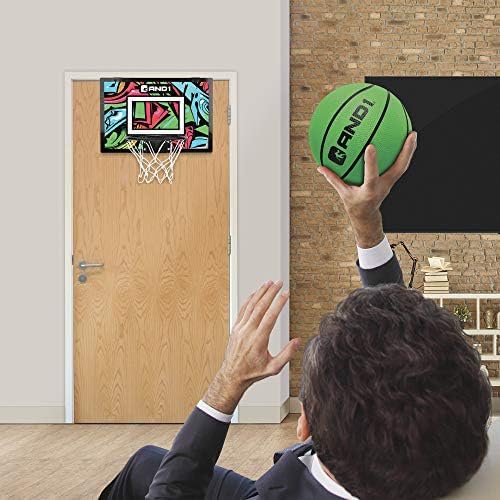 AND1 Over the Door Mini Basketball Hoop: 18x12 Shatterproof Backboard, 2 Mini Basketballs, and Hand