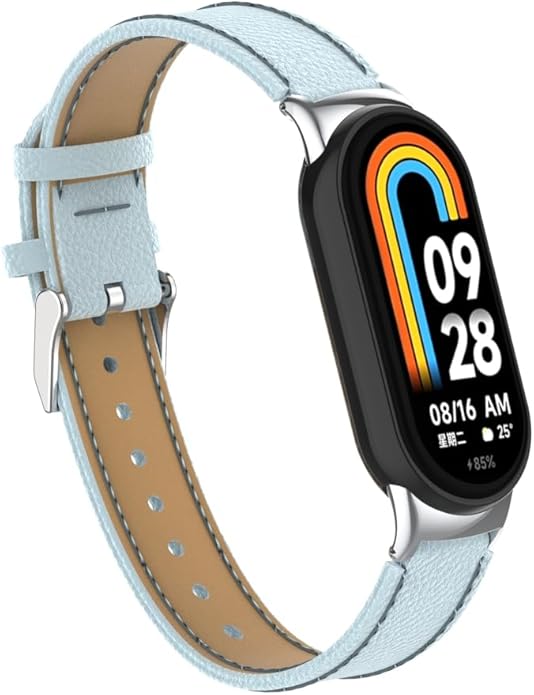 HOPMC Mi Band 8 Fashion Metal Connector Lychee Grain Leather Strap Replacement Wristbands Strap
