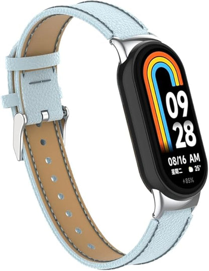 HOPMC Mi Band 8 Fashion Metal Connector Lychee Grain Leather Strap Replacement Wristbands Strap
