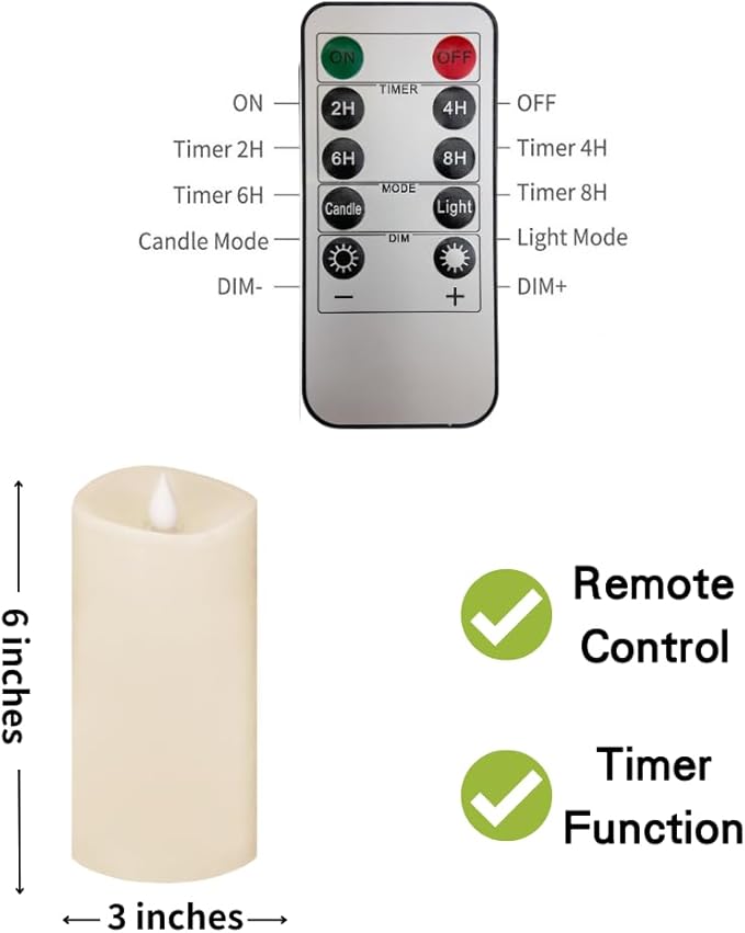 3x6 Flickering Flameless Candles Set of 1,6 inch Real Wax LED 600 Hours Battery Candles with Timer