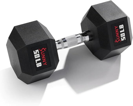 Sunny Health & Fitness Hex Style Dumbbell 5 LBS TO 50 LBS Chrome Handles, Hand Weight for Strength