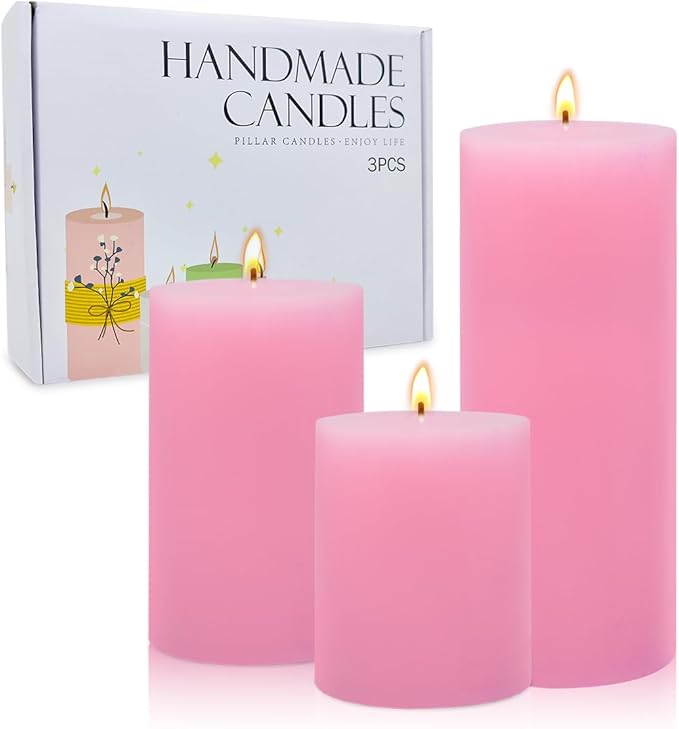 3 Packs Different Size Pink Pillar Candles, Unscented Dripless 2.75x3, 2.75x4, 2.75x6 Inch Pastel