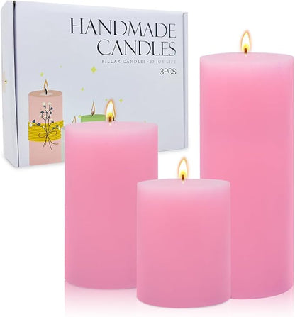 3 Packs Different Size Pink Pillar Candles, Unscented Dripless 2.75x3, 2.75x4, 2.75x6 Inch Pastel