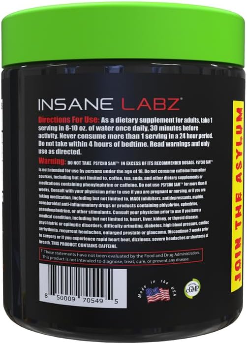 Insane Labz Psycho Sam, High Stimulant Pre Workout Powder, 30 Srvgs (30 Servings (Pack of 1)