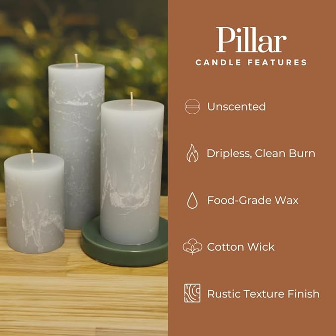 Simply Soson 3x4, 3x6, 3x8 inch Grey Pillar Candles, Set of 3 Pillar Candles, Rustic Texture