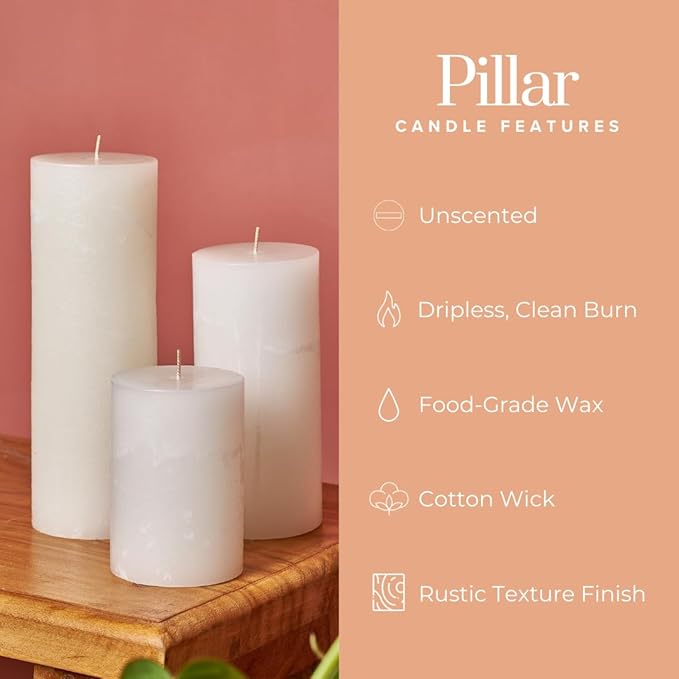 Simply Soson 3x6 inch White Pillar Candles Set of 3, Rustic Texture, Unscented White Candles