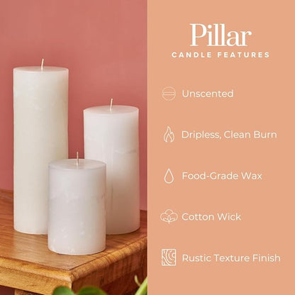Simply Soson 3x6 inch White Pillar Candles Set of 3, Rustic Texture, Unscented White Candles