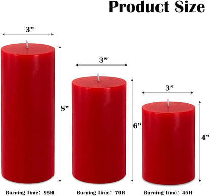 Red Pillar Candles Set of 3 - Dripless Unscented - 3x4, 3x6 & 3x8 inches Decorative Candles for