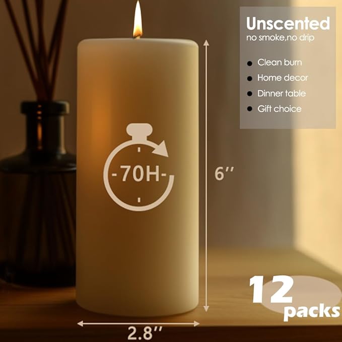 Set of 12 Ivory Pillar Candles - 2.8x6 inch Hand-Poured Large Pillar Candle | 75 Hours Burn Time |