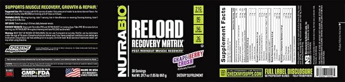 NutraBio Reload - Powerful Muscular Recovery Formula - Post-Workout Supplement - 3G Creatine - 8G