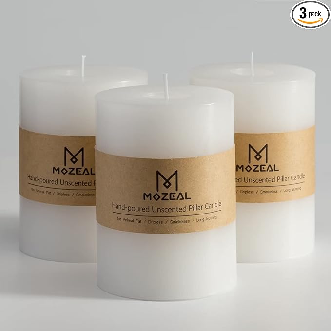 MOZEAL 3" x 4" Hand-Poured Unscented Candle,Dripless Pillar Candle Set of 3,Long Clean