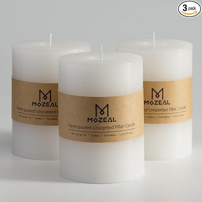 MOZEAL 3" x 4" Hand-Poured Unscented Candle,Dripless Pillar Candle Set of 3,Long Clean