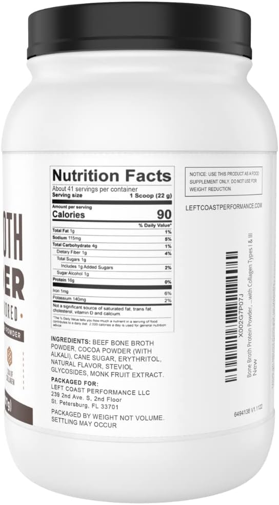 Bone Broth Protein Powder, Chocolate, Grass Fed 2lbs, 42 servings 16g protein, 13g Collagen. Low