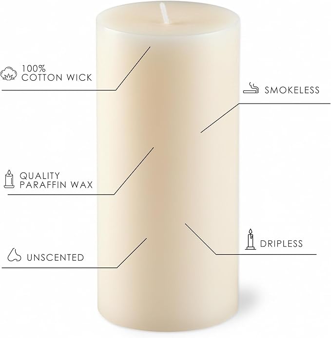 Ivory Pillar Candles Set, 12 Packs, 2.8 in x 4, 6, 8 Inch Assorted Size Unscented Pillar Candles