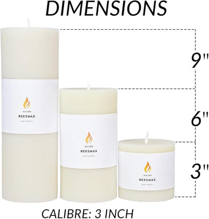 3PCS 3"x 3" Beeswax Pillar Candles, Made of Pure Natural Beeswax, with Ultra Long Burning Time and