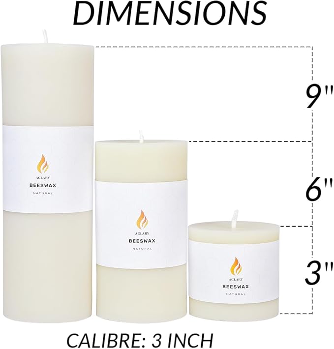 3"x 3" Beeswax Pillar Candle, Made of Pure Natural Beeswax, with Ultra Long Burning Time and Low