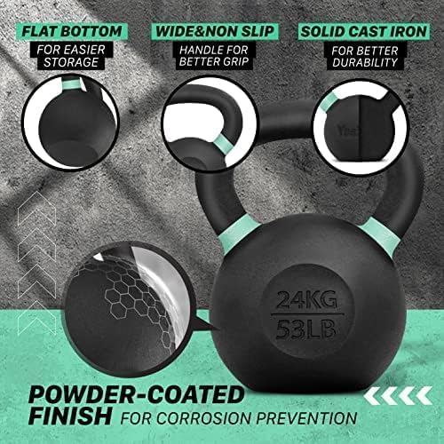 Yes4All Kettlebell, Heavy Duty Powder Coated Cast Iron Kettlebells, Non-Slip Handle & Flat Bottom