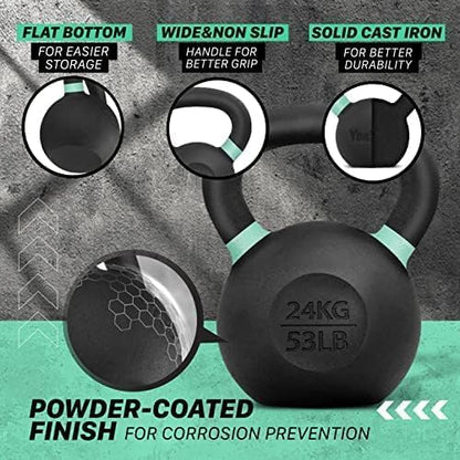 Yes4All Kettlebell, Heavy Duty Powder Coated Cast Iron Kettlebells, Non-Slip Handle & Flat Bottom