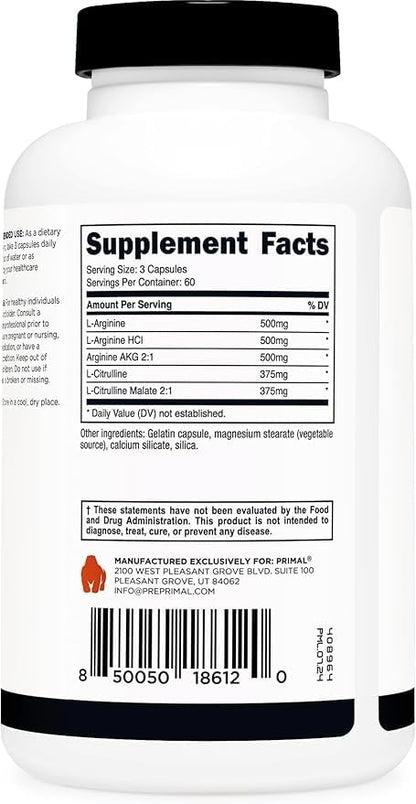 Primal Nitric Oxide Booster (2,250mg Per Serving) (180 Capsules) - 60 Servings