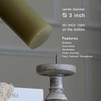 MOZEAL 3" x 4" Hand-Poured Unscented Sage Green Candle, Dripless Pale Green Pillar Candle Set of 3