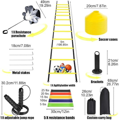 Agility Ladder, Speed Training Equipment Set, 20ft 12-Step Agility Ladder with 4 Fixed Steel