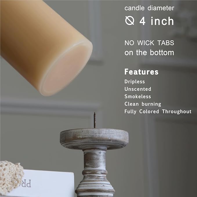 MOZEAL 4" x 10" Extra-Large Beige Pillar Candles (Set of 2), Unscented, Dripless, Smokeless,Long