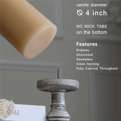 MOZEAL 4" x 10" Extra-Large Beige Pillar Candles (Set of 2), Unscented, Dripless, Smokeless,Long