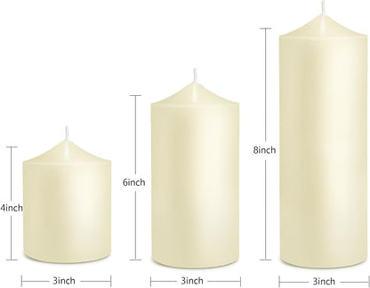 Pillar Candles 3 x 4, 6, and 8 inches, Large Handmade Candles Set of 3, Ivory Decorative Candles