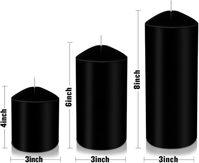 Pillar Candles 3 x 4, 6, and 8 inches, Large Handmade Candles Set of 3, Black Decorative Candles