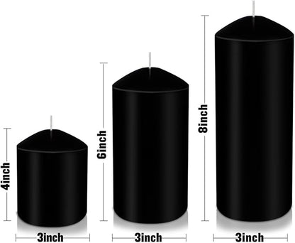 Pillar Candles 3 x 4, 6, and 8 inches, Large Handmade Candles Set of 3, Black Decorative Candles