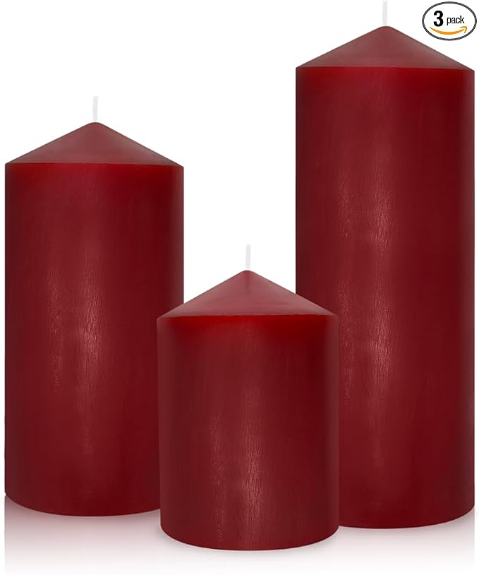 Dripless 3x4 3x6 3x8 Inch Red Burgundy Pillar Candles, 3 Packs Unscented Long Lasting Large Solid
