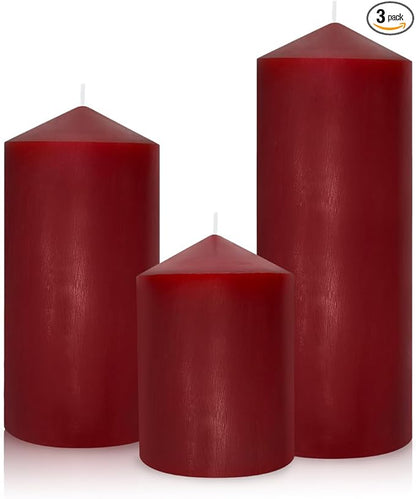 Dripless 3x4 3x6 3x8 Inch Red Burgundy Pillar Candles, 3 Packs Unscented Long Lasting Large Solid