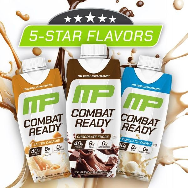 MusclePharm Combat Ready High Protein Shakes Ready to Drink, 40g Protein, 8g BCAAs, 8.7g Glutamine