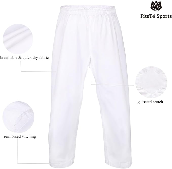 FitsT4 Sports Karate Pants 8oz Middleweight Elastic Waist Martial Arts Pants Perfect for Training
