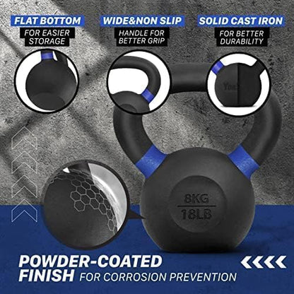 Yes4All Kettlebell, Heavy Duty Powder Coated Cast Iron Kettlebells, Non-Slip Handle & Flat Bottom