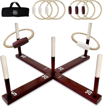 SWOOC Games - Rustic Ring Toss Game (All Weather) - Easy Setup & Extra Games Included - Ring Toss