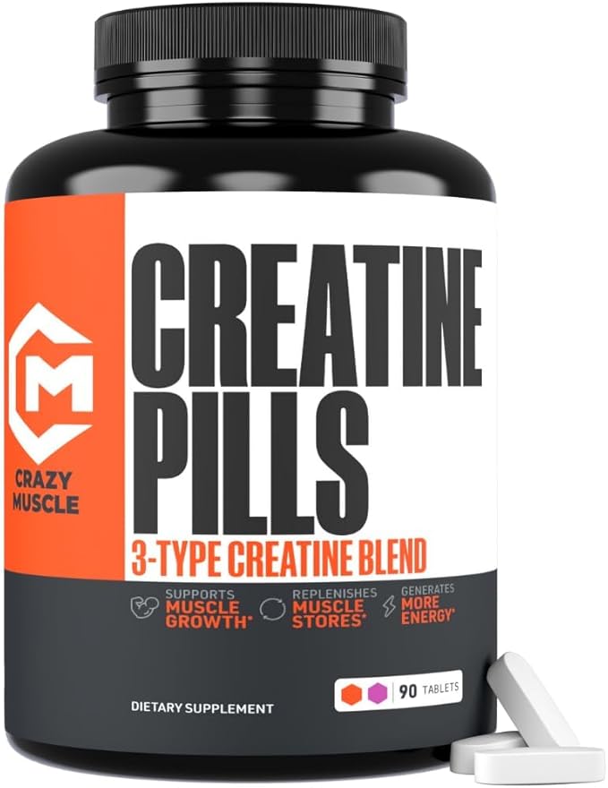 Crazy Muscle Creatine Pills, 5g 3X Pure Creatine Monohydrate, Pre Workout Bulk Muscle Mass Gainer