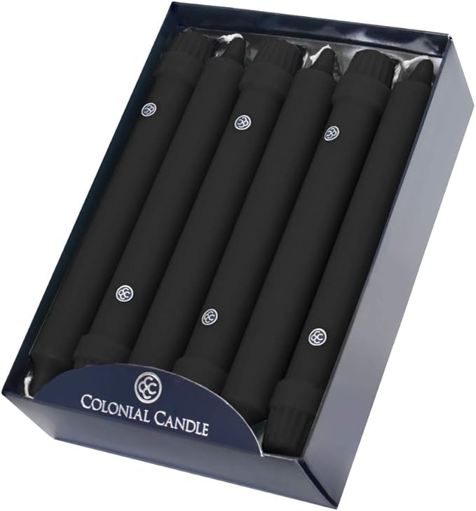 Colonial Candle Unscented Taper Candle, Classic Collection, Black, 8 In, Pack of 12 - Up to 6 Hours