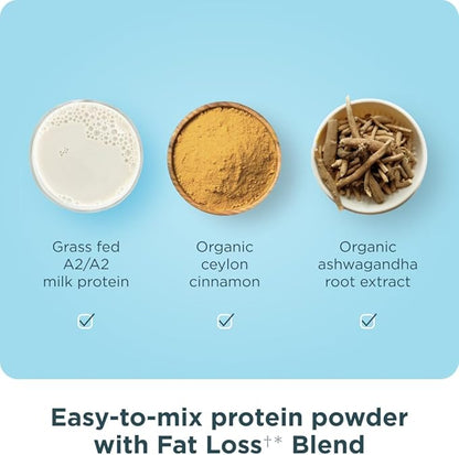 Ancient Nutrition Grass Fed Whey Protein + Fat Loss Blend, Vanilla Cinnamon, 23g Protein, Promotes