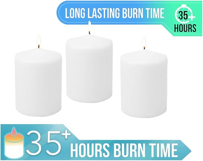 Stonebriar 3 Pack Tall 3 x 3 Inch 18 Hour Long Burning Unscented White Wax Pillar Candles