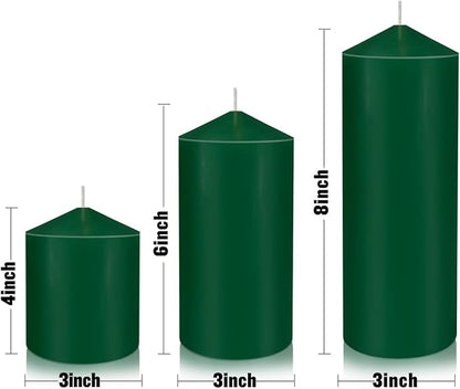 Pillar Candles 3 x 4, 6, and 8 inches, Large Handmade Candles Set of 3, Green Decorative Candles