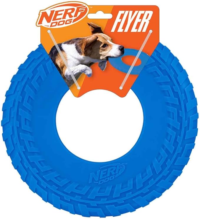 Nerf Dog Tire Flyer Outdoor Dog Toy, 10 Inch Flying Disc Dog Fetch Toy, Rubber Dog Toy for Medium