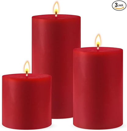 Red Unscented Pillar Candles 3-Pack ??Dripless & Smokeless, Long-Burning Thick Candles (2",3",4"
