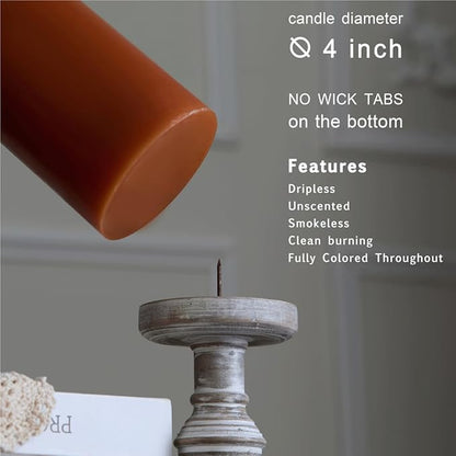MOZEAL 4" x 10" Extra-Large Burnt Orange Pillar Candles (Set of 2), Unscented, Dripless, Smokeless