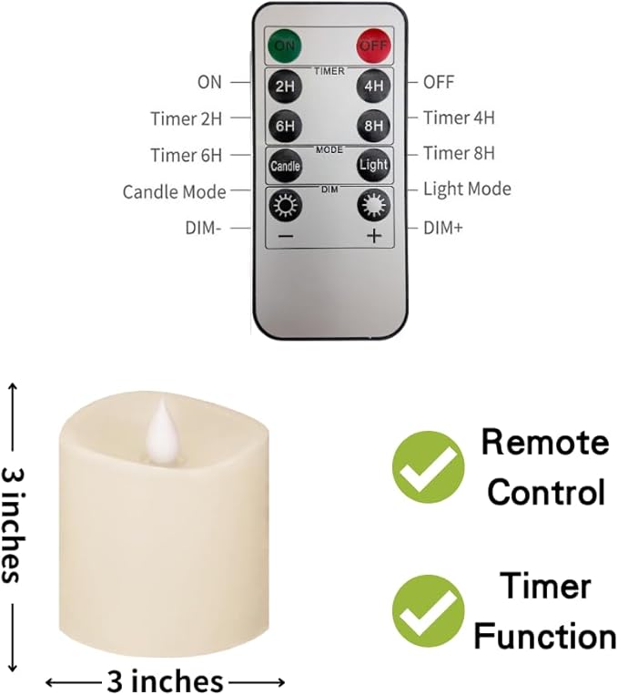 3x3 Flickering Flameless Candles Set of 1,3 inch Real Wax LED 600 Hours Battery Candles with Timer
